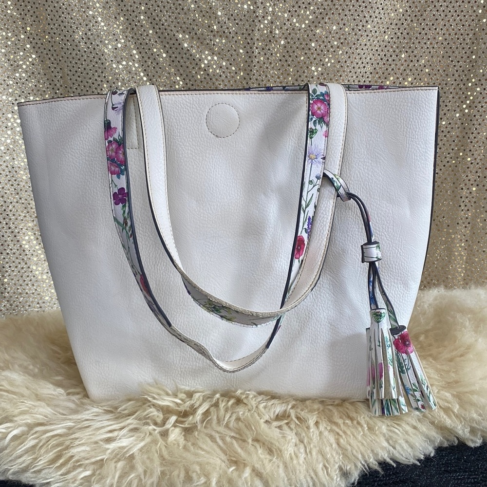Reversible handbag White vegan leather with floral print shoulder bag purse